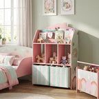 Kids Bookshelf with Storage, Toy Storage Unit with Book Display, Shelves and Fabric Drawers for Playroom Nursery, Pink