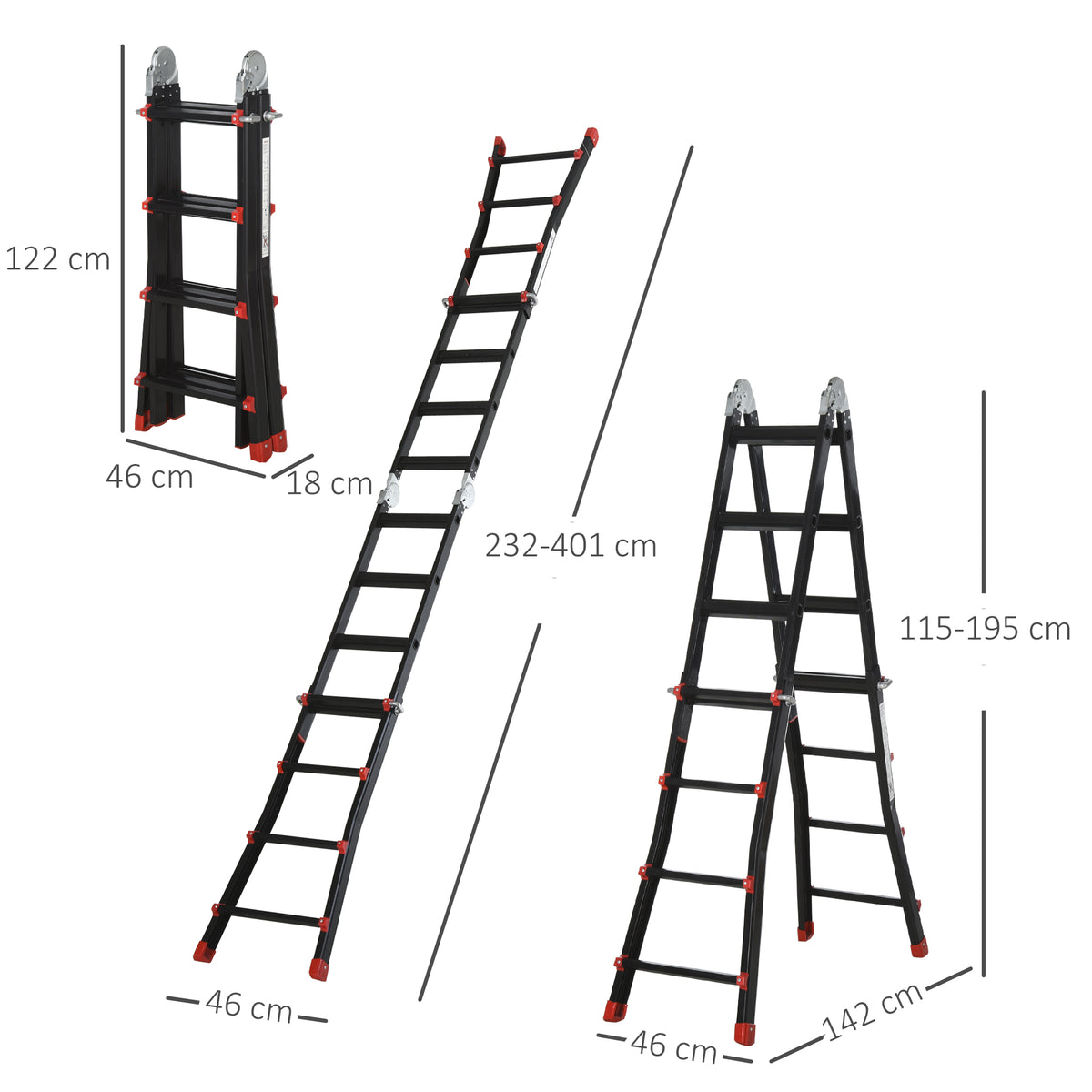 Teleskopleiter, rutschfeste Stufen, bis 150 kg belastbar, Aluminium, Schwarz+Rot