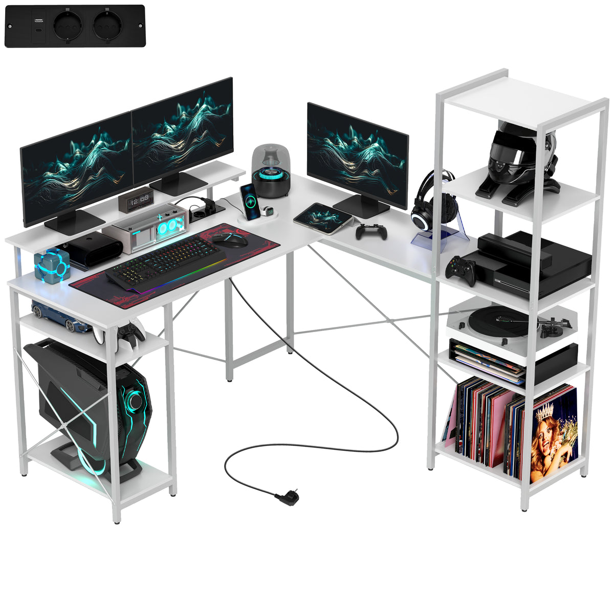 L-f?rmiger Schreibtisch mit Ladestation, Eck-Computertisch mit Monitorst?nder und Regalen, f¨¹r Homeoffice, B¨¹ro, Wei?