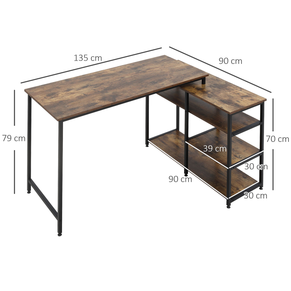Corner Desk L-Shaped PC Table Computer Desk Office Desk Shelf Drawer L-Form Particle Board Metal Rustic Brown 135 x 90 x 79 cm