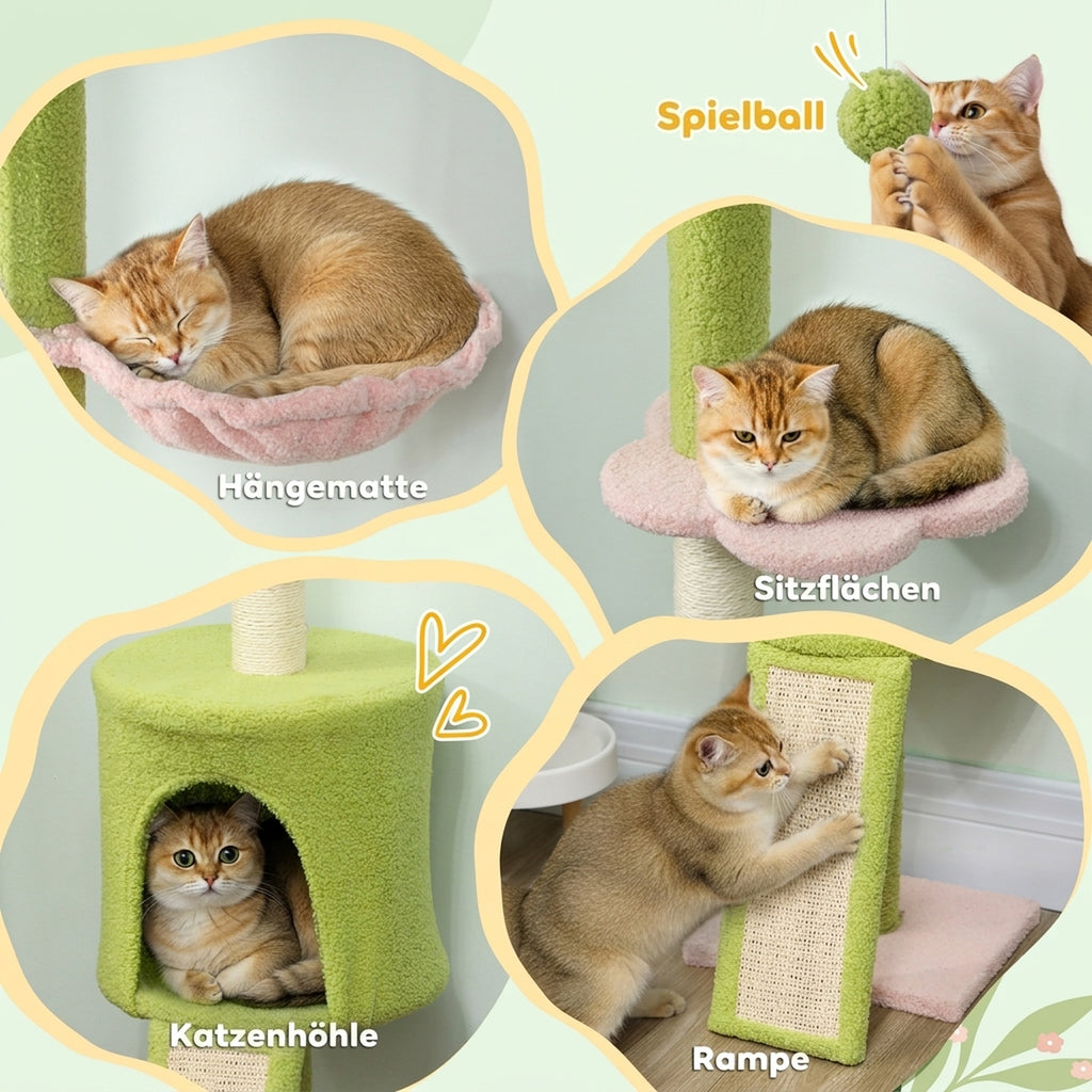 220-240 cm Floor to Ceiling Cat Tree Adjustable Height with Hammock, Condo, Scratching Posts, Green