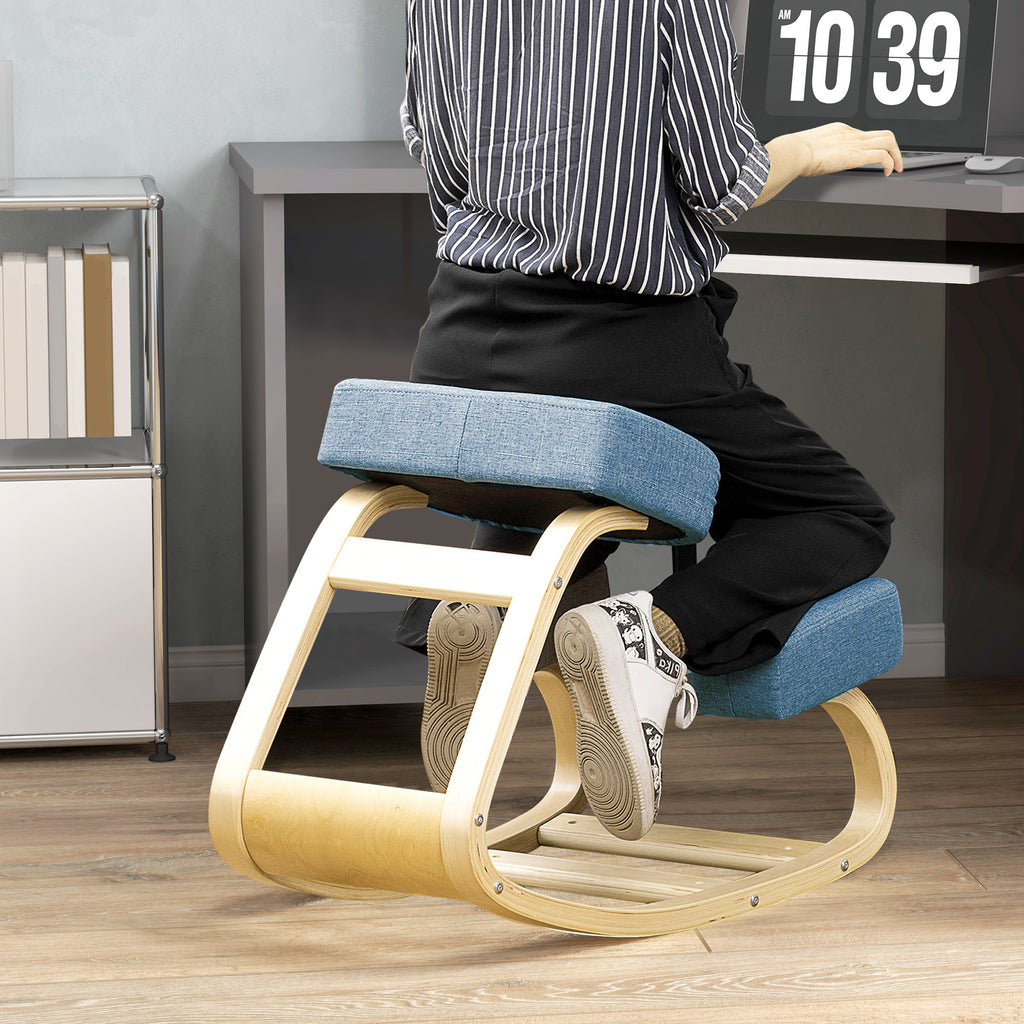 Kniestuhl, ergonomischer Sitzhocker, Polsterhocker für gesunde Sitzhaltung, Birkenholz, 120 kg belastbar, Blau