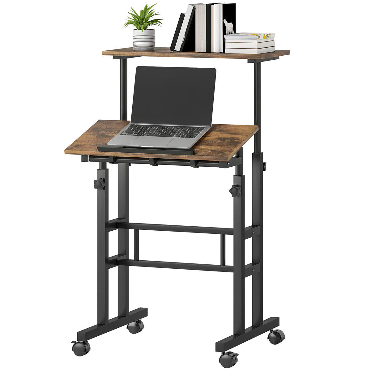 chreibtisch H?henverstellbar K¨¹chentisch mit Regal, Rollen, Computertisch Rustikal Braun 60 x 60 x 70,5-120 cm