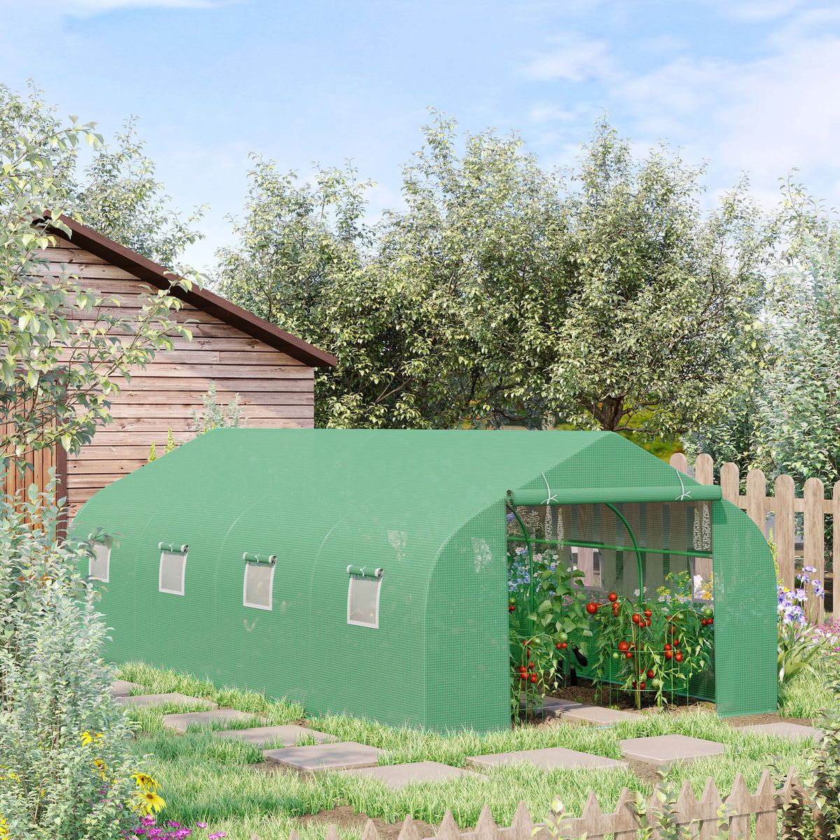 Gewächshaus ca. 6 x 3 x 2 m Foliengewächshaus mit Rollbar Reißverschlusstür 8 Netzfenster Stützstangen