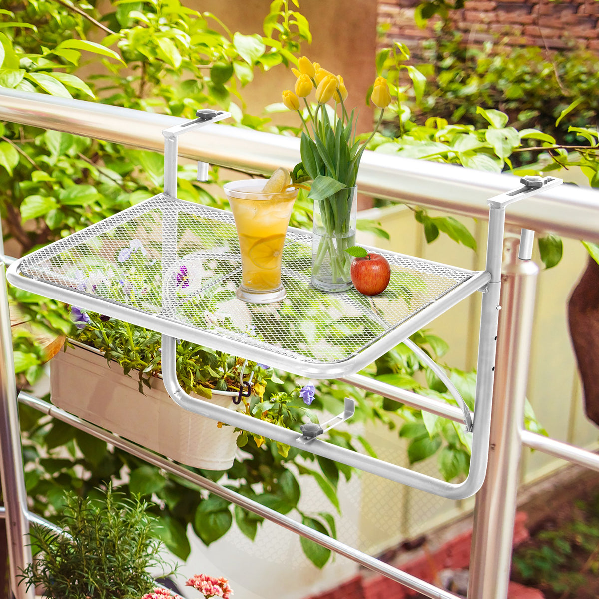 Balkonhängetisch 3-fach höhenverstellbarer Hängetisch aus Metall wetterfest Balkontisch Beistelltisch für Balkongeländer Terrassengeländer Tisch zum Einhängen 60 x 56 cm, Weiß
