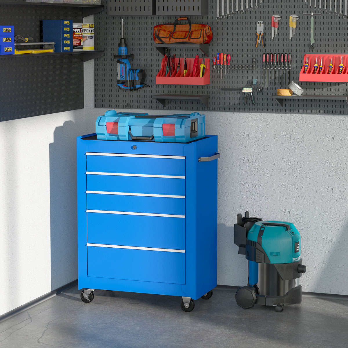 Werkzeugschrank, Werkzeugkiste, 5 Schubladen, rollbar, Stahl, Blau