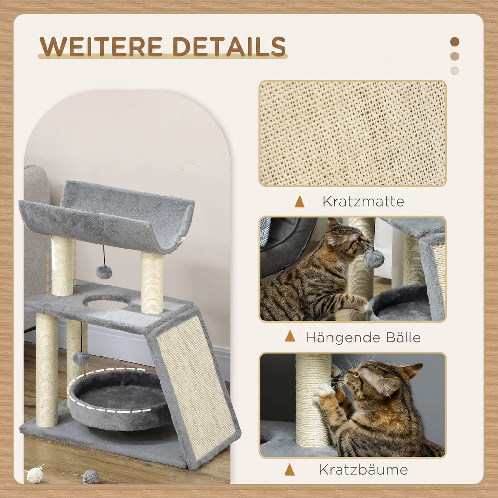 Cat Tree Tower, with Scratching Posts, Pad, Bed, Perch, Toy Ball - Light Grey