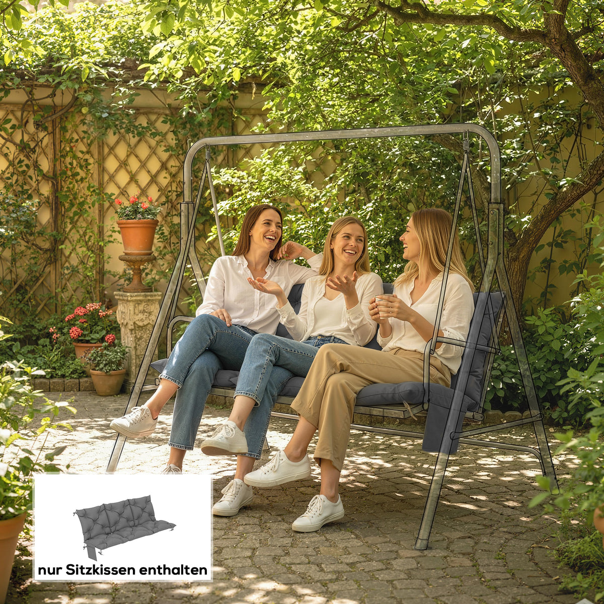 Bankauflage 150x100x10 cm 3-Sitzer Bankkissen mit Bändern, Rückenlehne UPF30+ mit Seitentasche， dunkelgrau