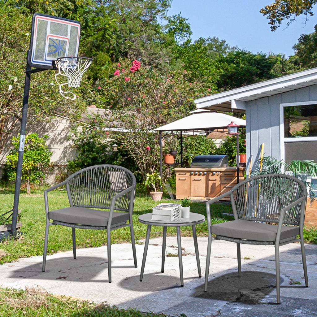 Gartenmöbel-Set, 2 Stühle & 1 Tisch mit Glasplatte, Rattanoptik, wetterfest, Metallrahmen, Grau