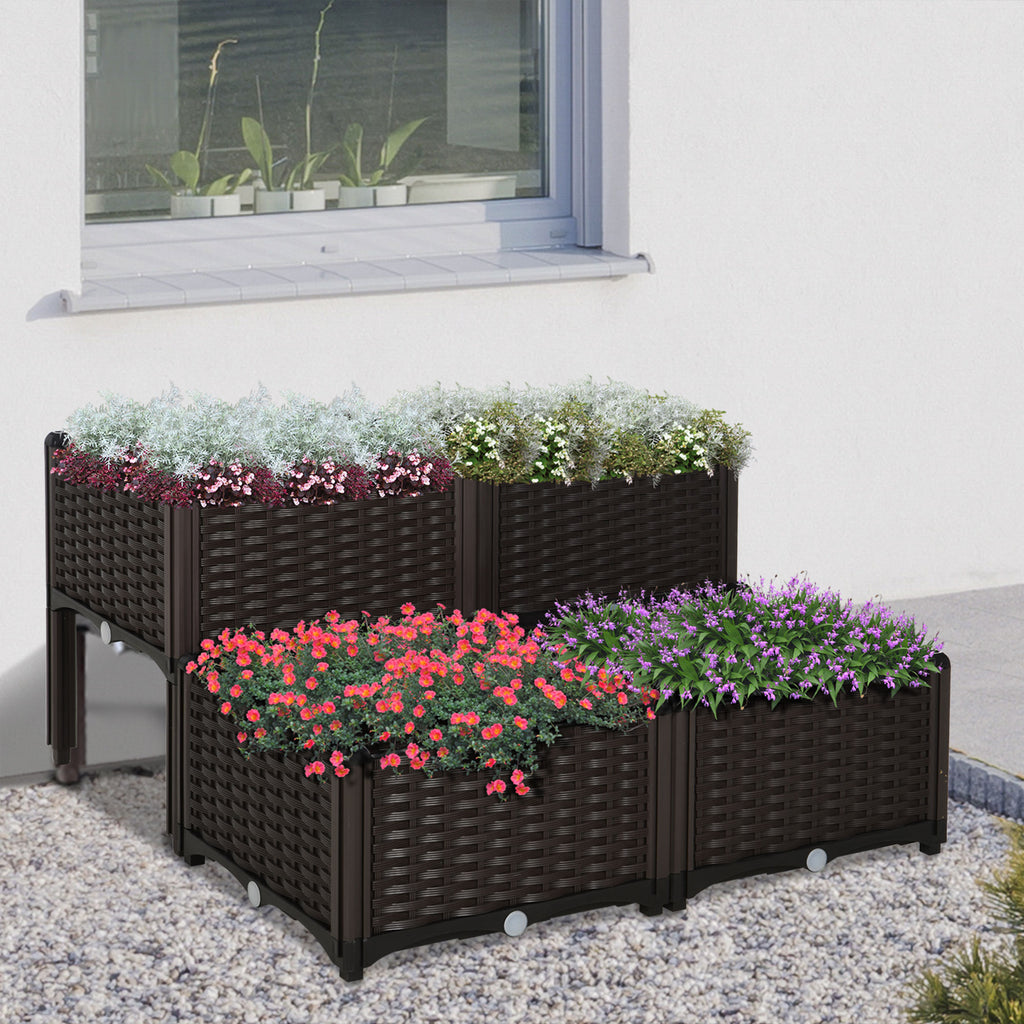 Hochbeet, Pflanzkasten mit Abflusslöchern, Blumenkasten im Rattan-Look, Kunststoff, Braun, 40 x 40 x 44 cm