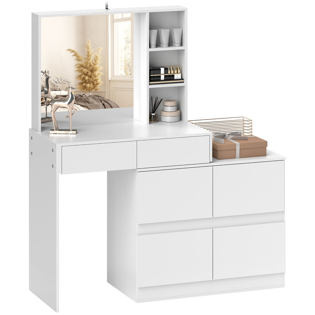 Schminktisch, Make-up-Tisch mit großem Spiegel, 4 Schubladen, 3 offene Fächer, 2 Schränke, MDF, Weiß