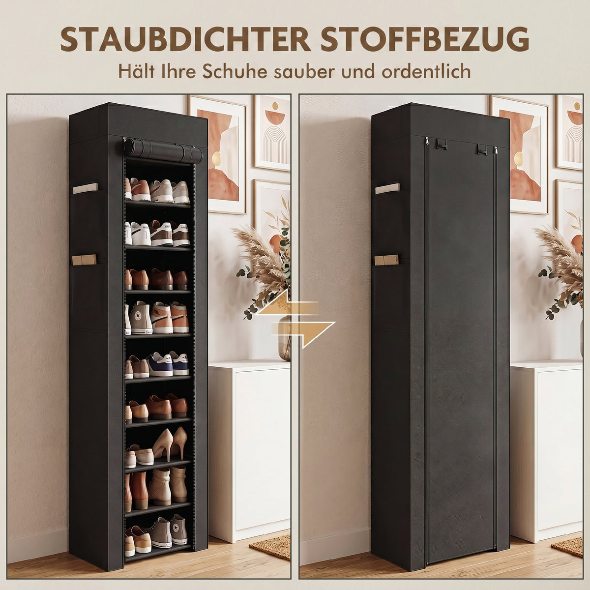 Schuhregal aus Metall mit staubdichtem Stoffbezug, für bis zu 20 Paar Schuhe, 45 x 30 x 175 cm, Schwarz