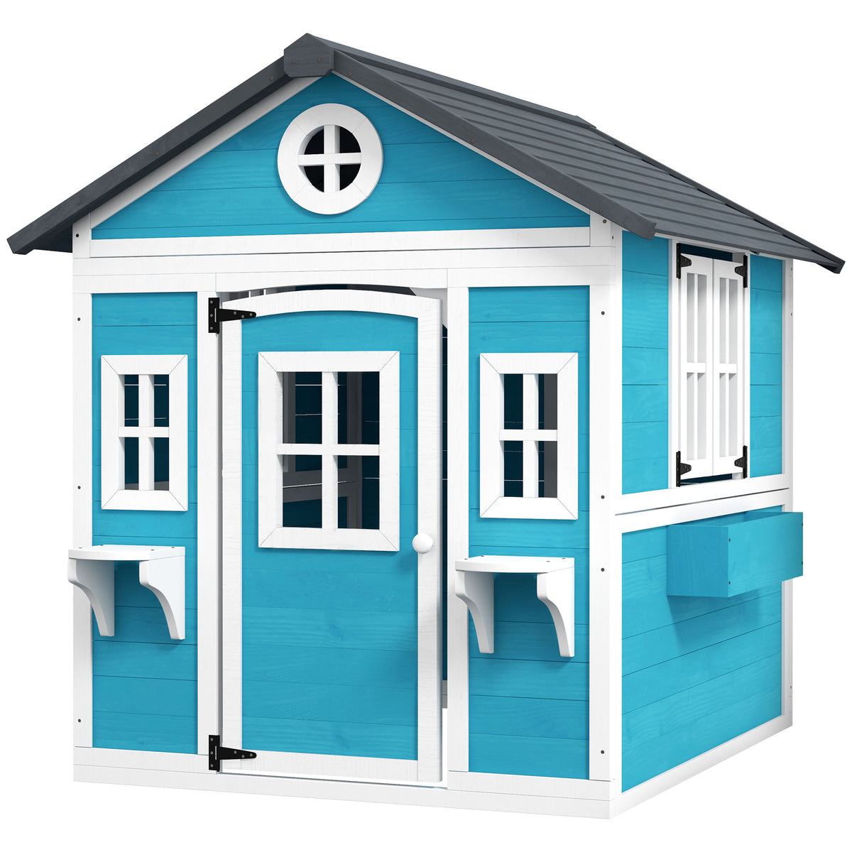 Kinderspielhaus, Holz-Spielhaus f¨¹r Kinder, Outdoor-Gartenspielhaus mit Fenstern, Blument?pfe, 3-8 Jahre, Blau