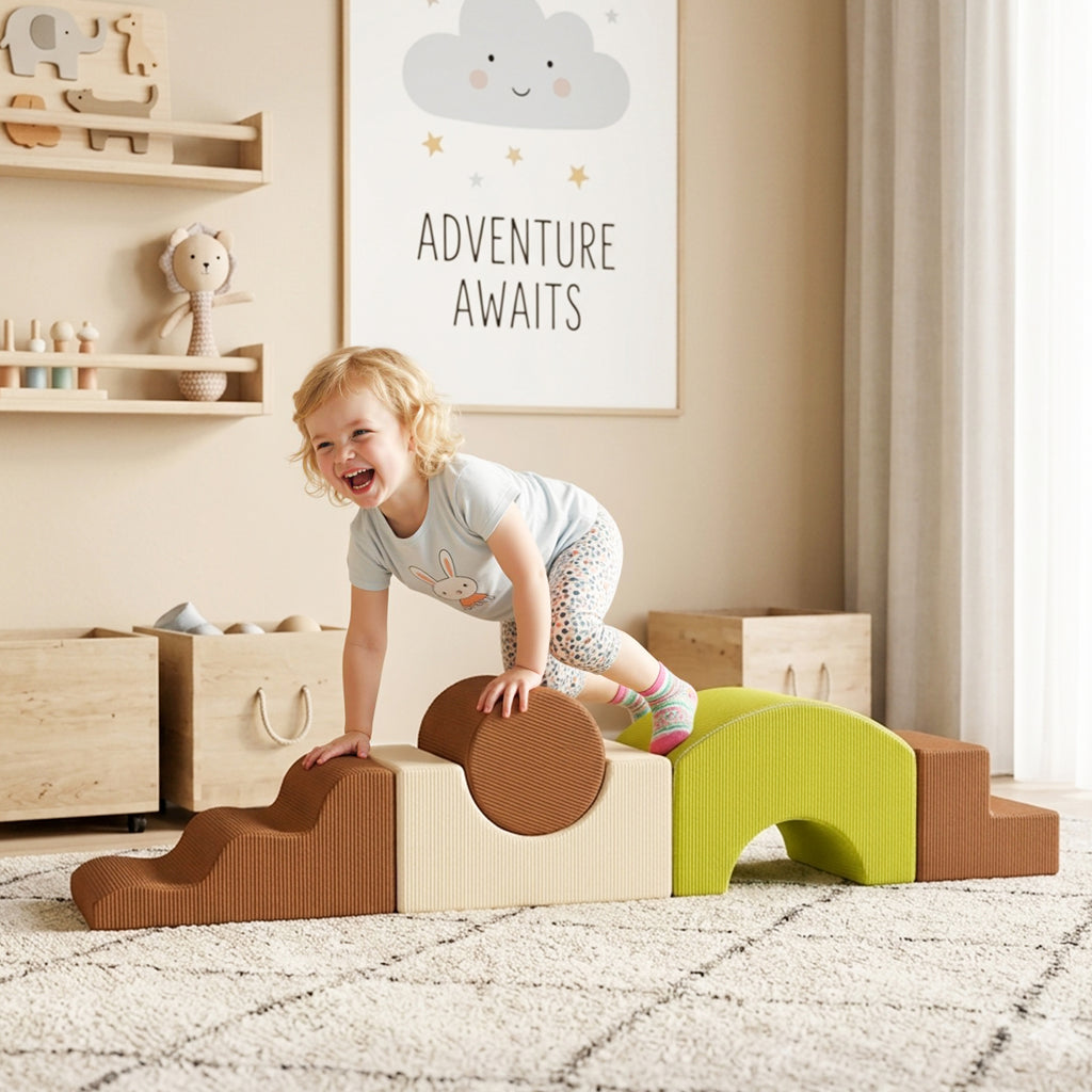 Toddlers Climbing Toys, 5-Piece Foam Climbing Blocks with Non-Slip Bottom, Washable Cover for Crawling or Building