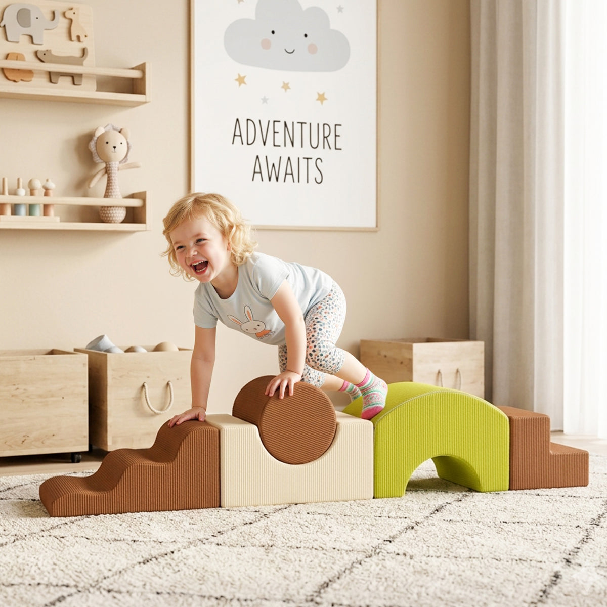 Toddlers Climbing Toys, 5-Piece Foam Climbing Blocks with Non-Slip Bottom, Washable Cover for Crawling or Building