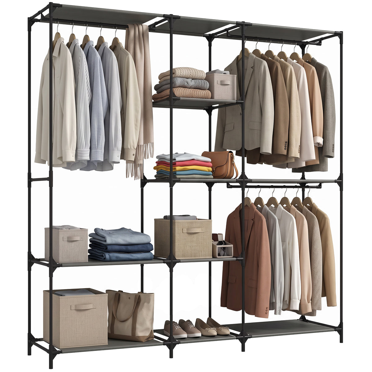 Textil-Kleiderschrank, tragbar, werkzeuglos, mit 3 Kleiderstangen und 5 Ablagen, 182 x 43 x 182 cm, Schwarz