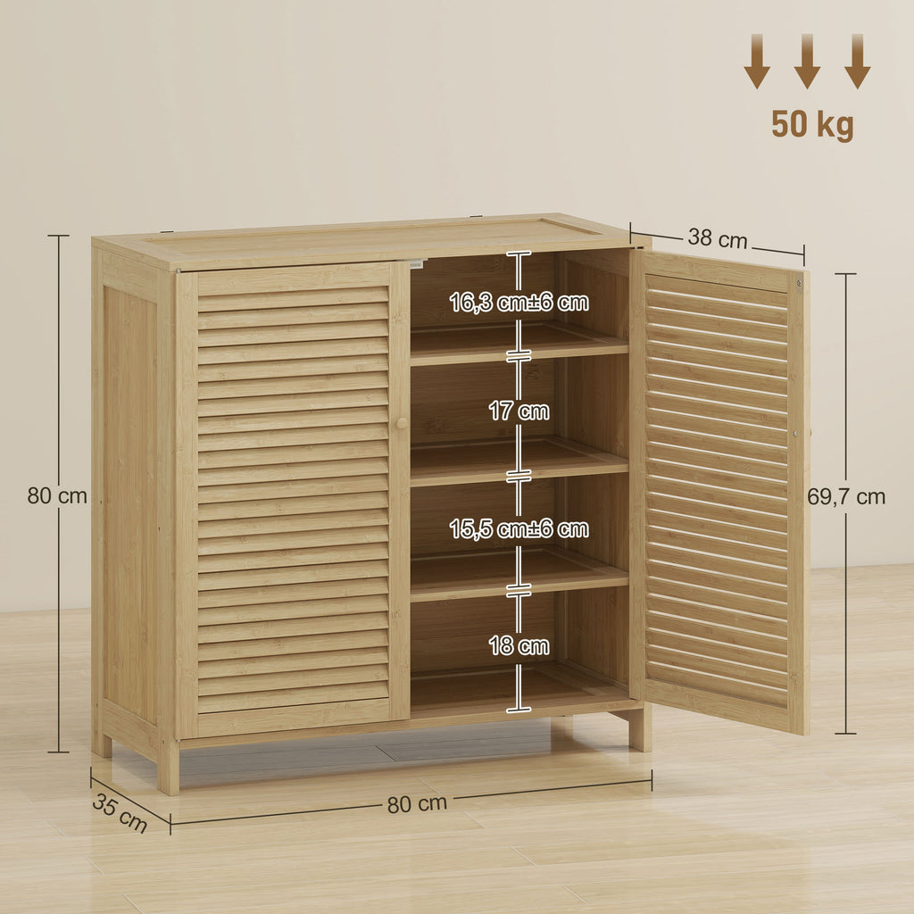 Bamboo Shoe Cabinet with Louvered Doors, 14 Pairs Shoe Storage Cabinet with Adjustable Shelves for Hallway, Natural