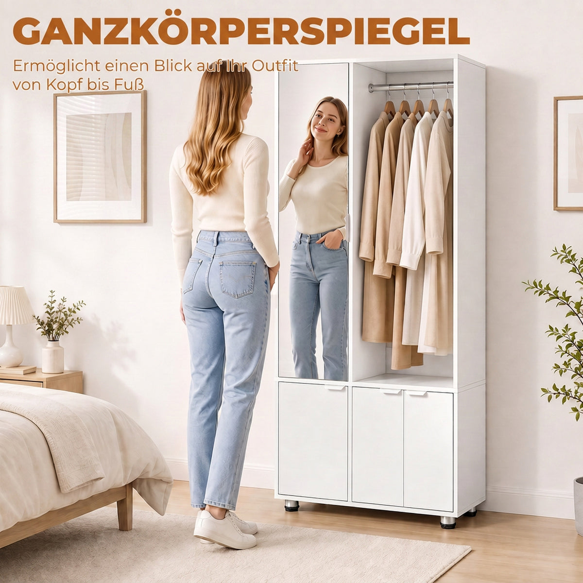 Kleiderschrank mit Spiegel, schmaler moderner Garderobenschrank mit Kleiderstange und Ablagefächern, Weiß
