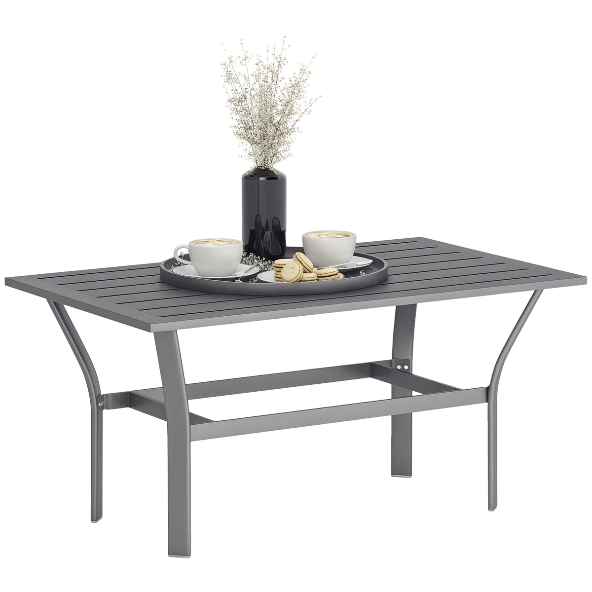 Metal Garden Coffee Table, Rectangular Outdoor Side Table with Slatted Tabletop, Foot Pads for Outside, Garden, Balcony, Porch, 91.5 x 55 x 45cm, Dark Grey
