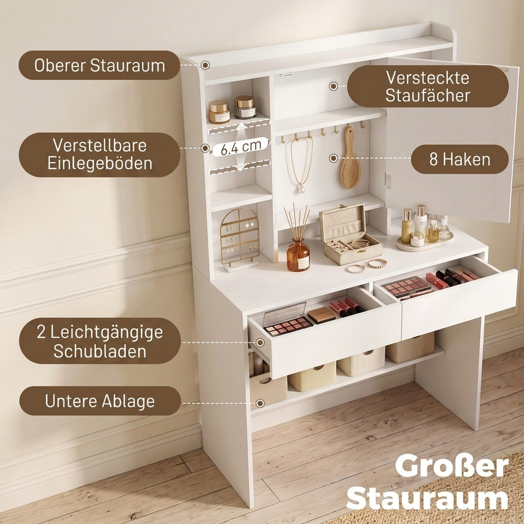 Schminktisch mit Spiegelschrank, LED-Beleuchtung, 2 Schubladen, Weiß