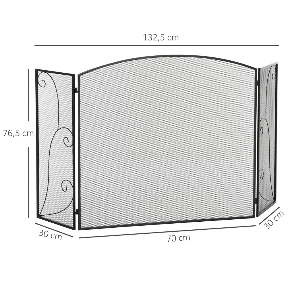Funkenschutz für Kamine, 3 Paneele, klappbar, flexibel, Metall, schwarz, 132,5 x 76,5cm