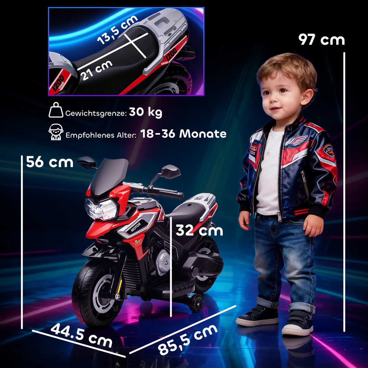 Elektro-Motorrad f¨¹r Kinder von 18-36 Monaten, Aufsitz-Fahrzeug, Hilfsr?der, Lichter, Musik, Kunststoff, Stahl, Rot