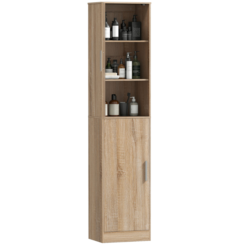180 cm hoher Badezimmerschrank, schmaler Badschrank mit 2 Türen, 4 verstellbare Regale, Spanplatte, MDF, Naturholz
