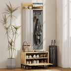 Garderobenset für Eingangsbereich, Schuhbank, Spiegel, 3 Haken, Offenes Regal, Flurmöbel, Naturholz+Grau