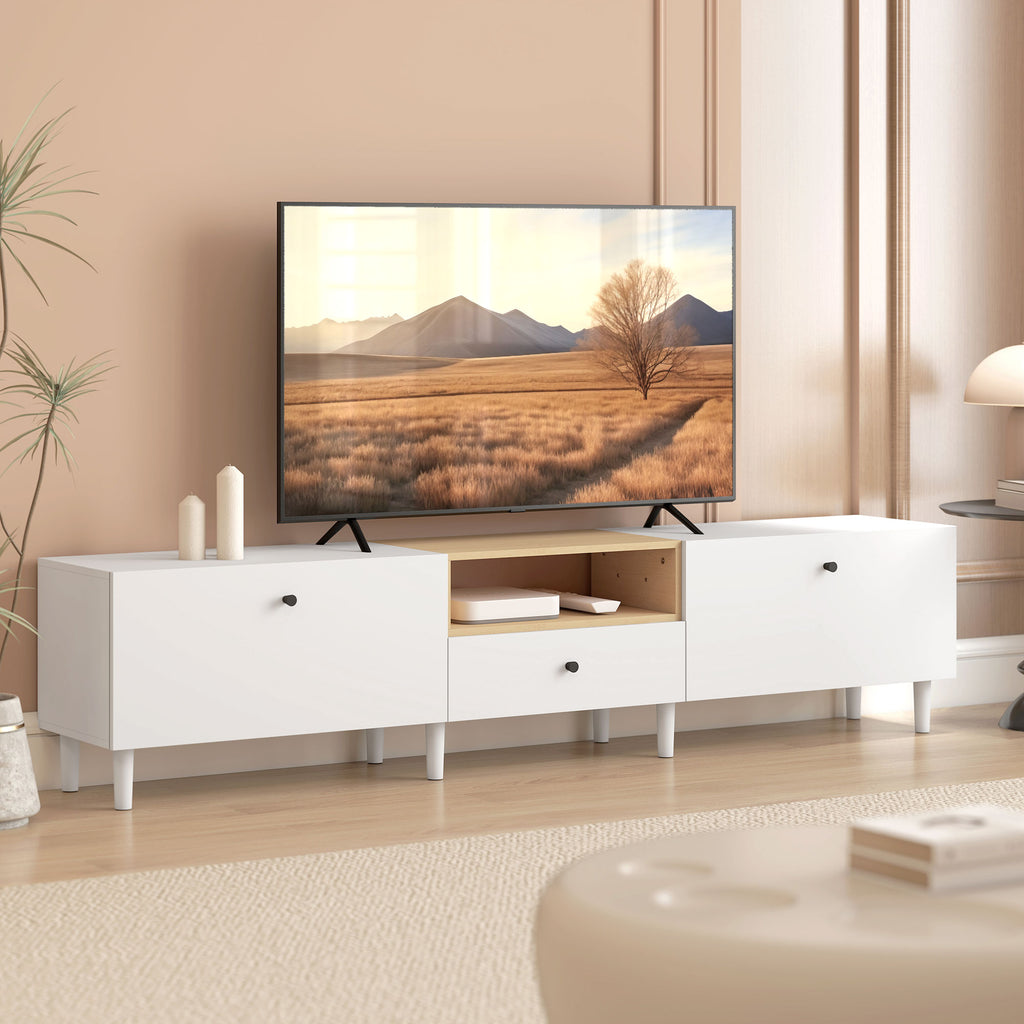 200 cm TV-Kommode für Fernseher bis zu 90 Zoll, 2 Klappenfächer, offenes Fach, Schublade, 8 Beine, Spanplatte, Weiß