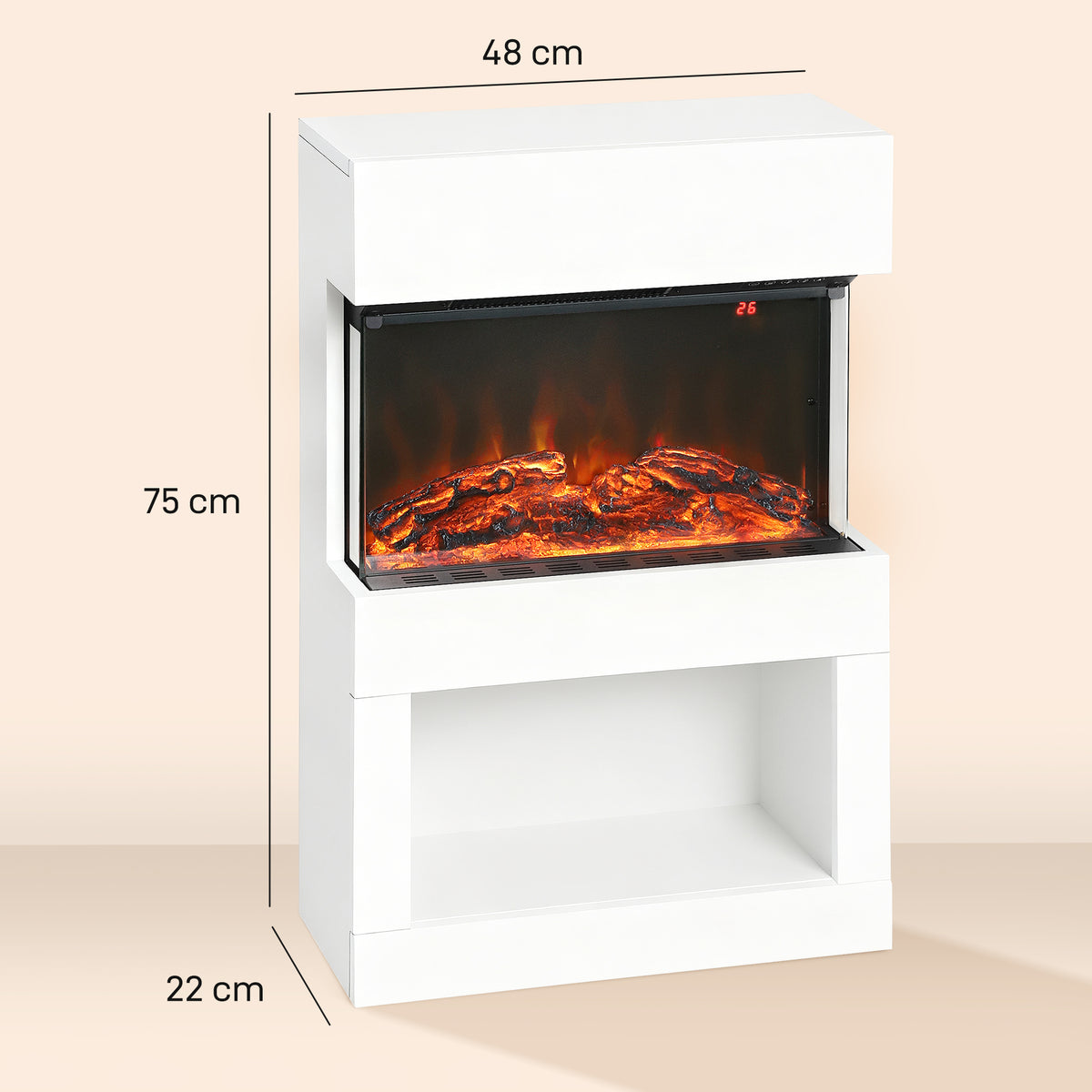 Elektrischer Kamin, 2 Heizstufen, 6 Flammenfarben, Thermostat, Fernbedienung, Weiß