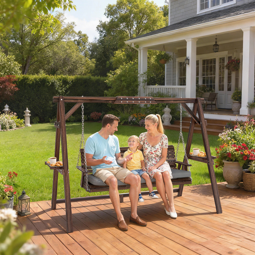 3 Seater Garden Swing Seat, Wooden Swing Chair Bench with Cushion, Side Trays and Metal Chains, for Outdoor Porch Patio, Carbonised Brown