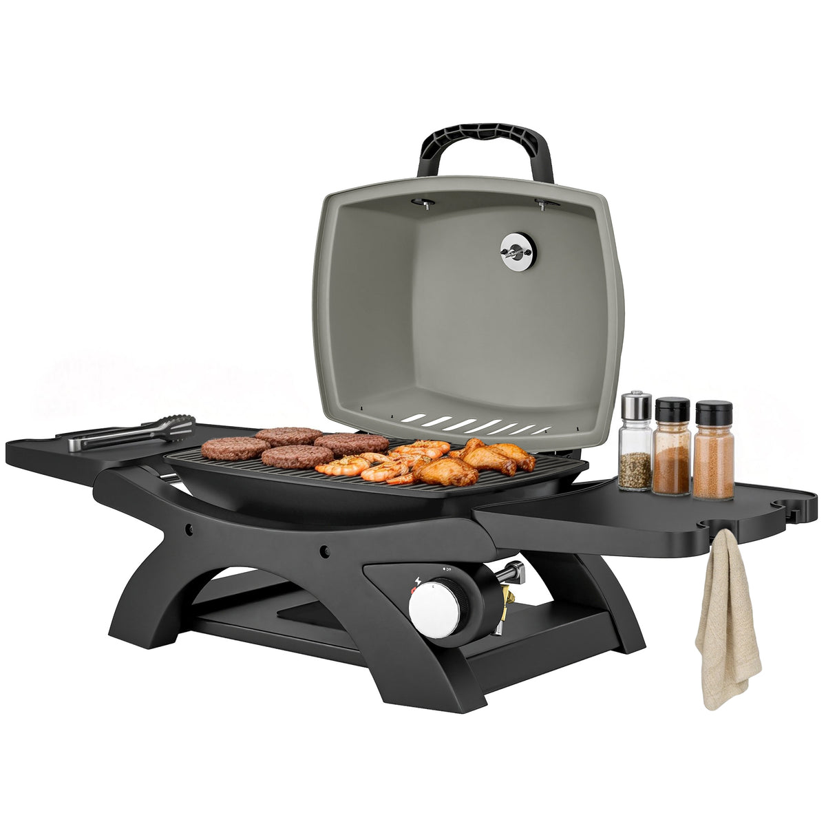 Gasgrill 3,3 KW Tischgrill mit 1 Brenner klappbar Seitentischen Gusseisen Grillroste herausnehmbar Fettauffangschale