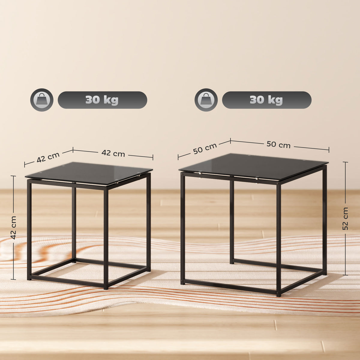 2er-Set Beistelltische, modernes Design, stapelbar, Glastisch, Schwarz