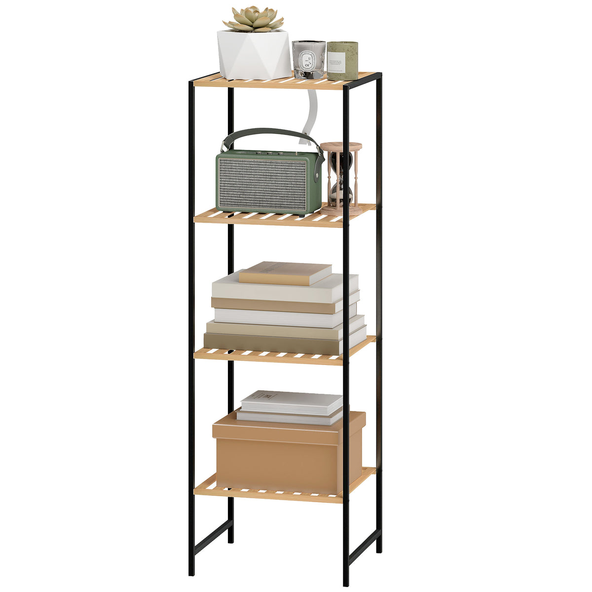 Standregal Badregal aus Bambus und Stahl, mit 4 Ablagen, 4-stöckiges Bücherregal, 36,5 x 33 x 110 cm, Natur