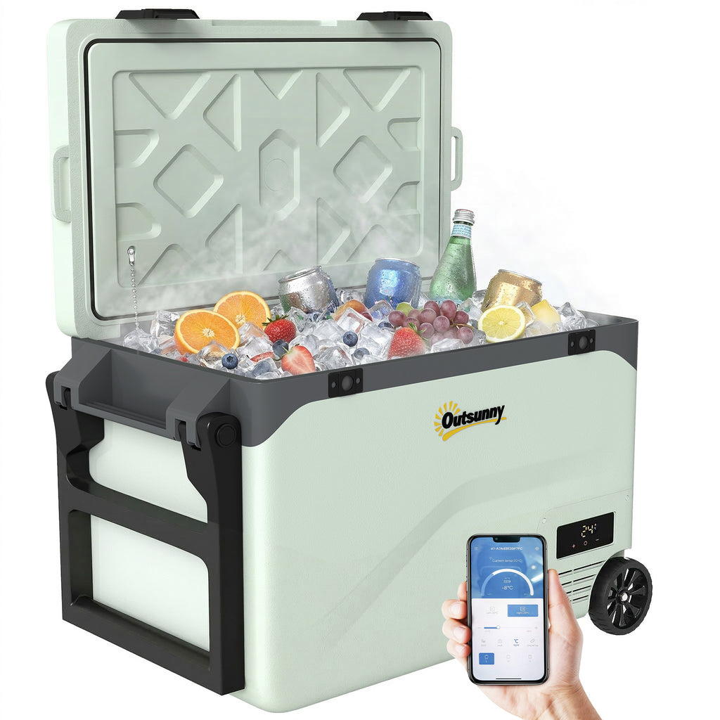 42,5 Liter Kompressor Kühlbox Leise elektrisch Mini Kühlschrank bis -20℃ Kühlbox mit Bluetooth Rolle Griff Handyhalter