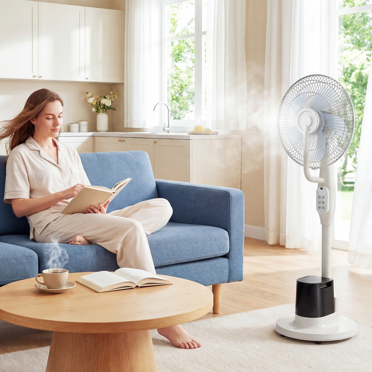 Stehventilator mit Sprühnebel, 70° Oszillation, 3 Geschwindigkeiten, 3 Modi, 3,5L Wassertank, Weiß