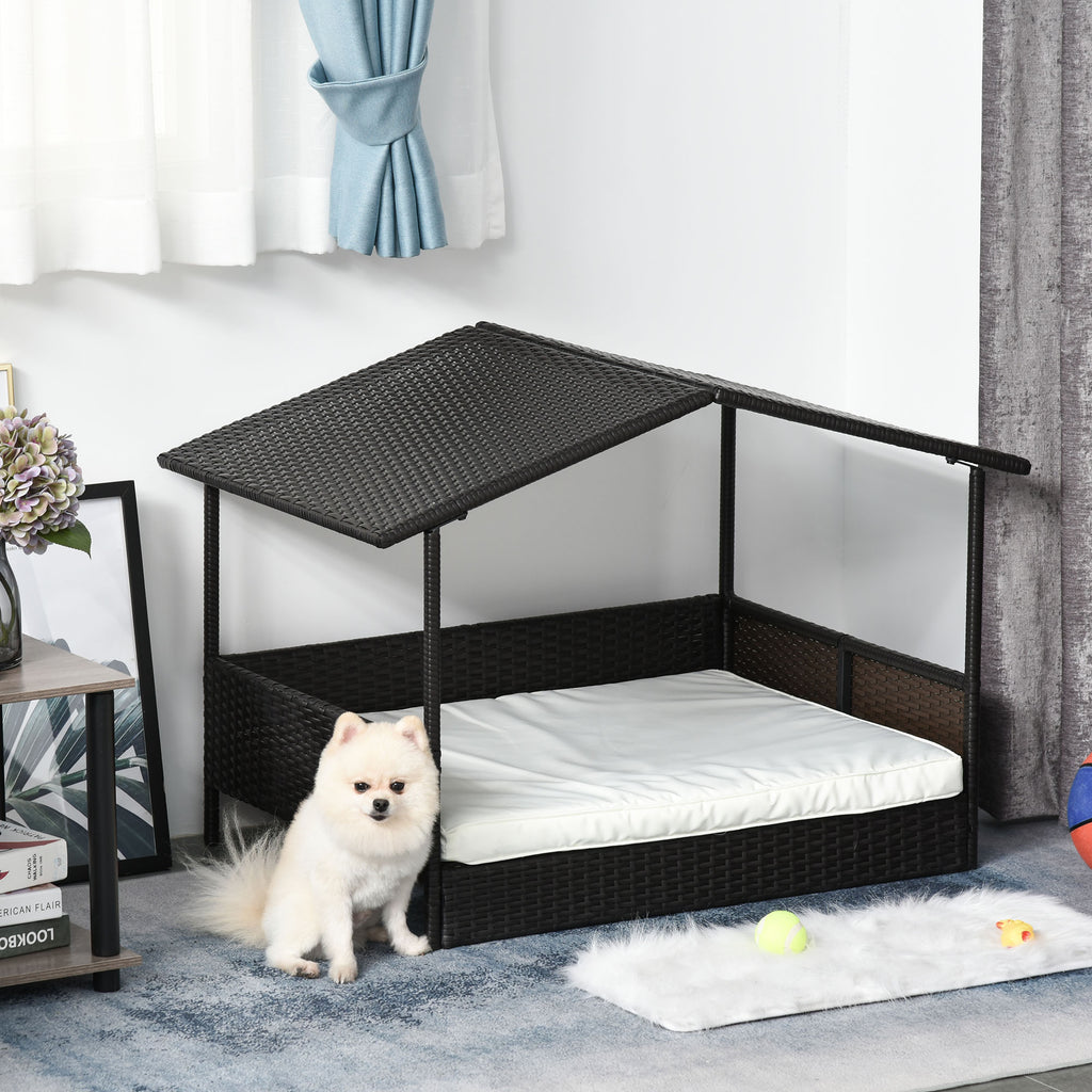 Wicker Dog Bed, Elevated Rattan Dog House with Removable Cushion and Canopy, for Small and Medium Dogs, 98 x 69 x 70cm - Cream