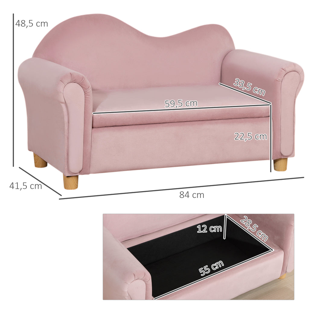 Kindersofa, Zweisitzer f¨¹r Kinder 3-5 Jahre, Stauraum, Naturholzrahmen, 84 x 41,5 x 48,5cm, rosa