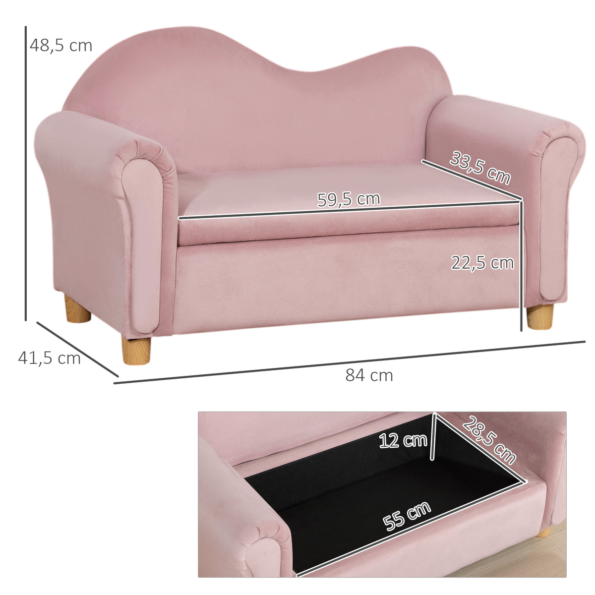 Kindersofa, Zweisitzer f¨¹r Kinder 3-5 Jahre, Stauraum, Naturholzrahmen, 84 x 41,5 x 48,5cm, rosa