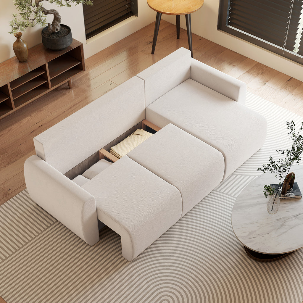 Schlafsofa mit Umkehrbarer Chaiselongue, L-förmiges 3-Sitzer Sofa aus Veloursbezug, Cremeweiß