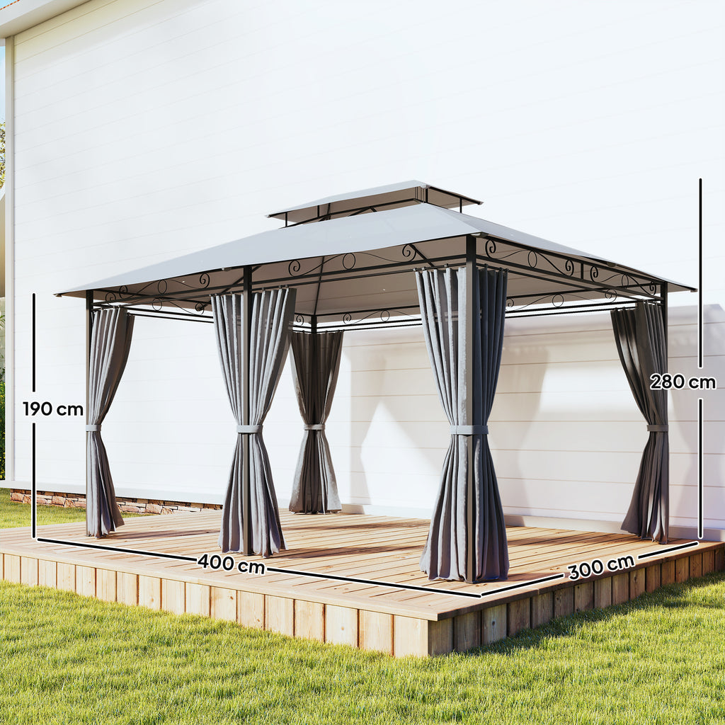 Gartenpavillon, Outdoor Pavillon mit Vorhängen, belüftetem Dach, Dunkelgrau
