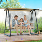 3 Seater Swing Chair with Adjustable Canopy, 360 kg Garden Swing Seat Outdoor Hammock Bench with Cushions, Sand Brown