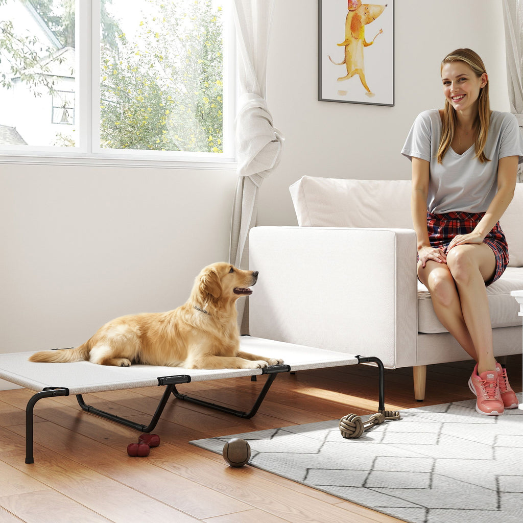 Hundeliege Outdoor, Erh?htes Hundebett f¨¹r gro?e Hunde, mit Stahlrahmen, atmungsaktiv Netzgewebe, 152x94x23 cm, Beige