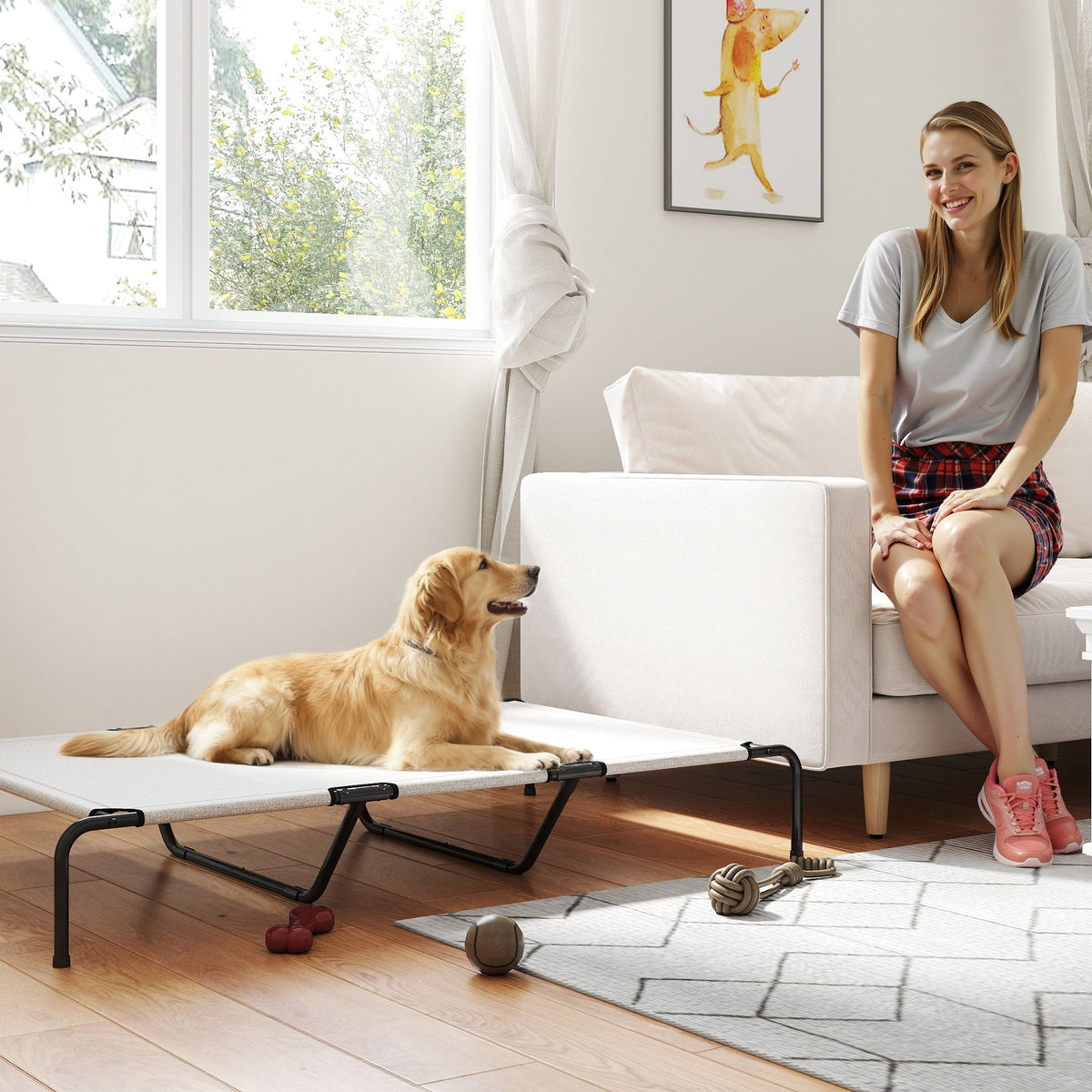 Hundeliege Outdoor, Erh?htes Hundebett f¨¹r gro?e Hunde, mit Stahlrahmen, atmungsaktiv Netzgewebe, 152x94x23 cm, Beige