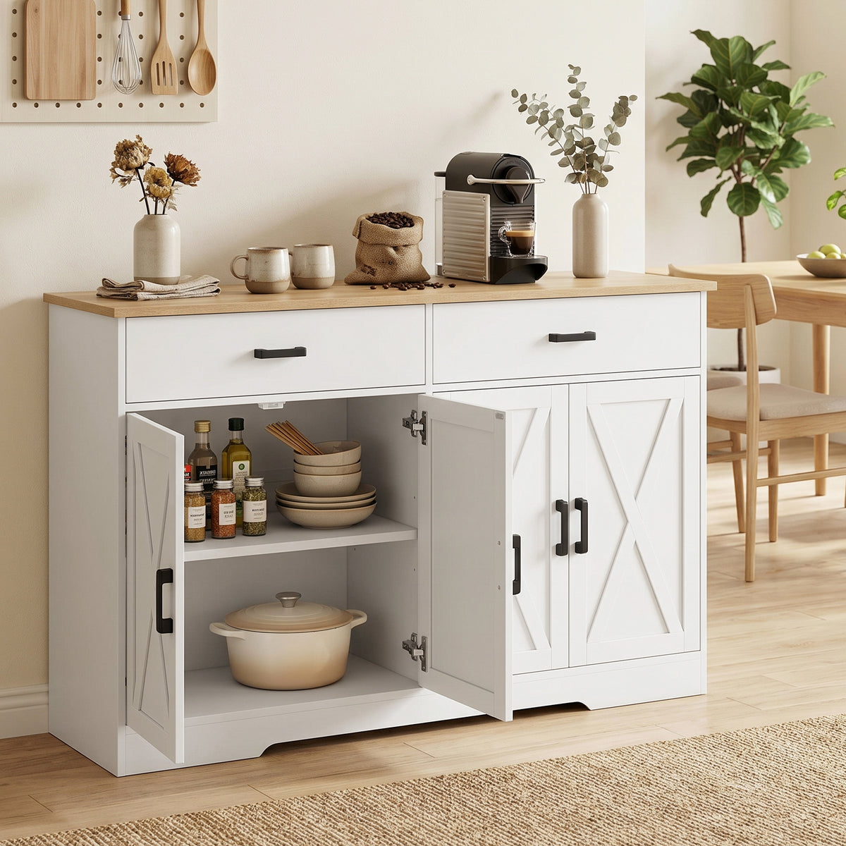 Sideboard Buffet Schrank, 140 cm Farmhaus Küchen-Schrank mit 2 Schubladen und 2 Schränken, Weiß