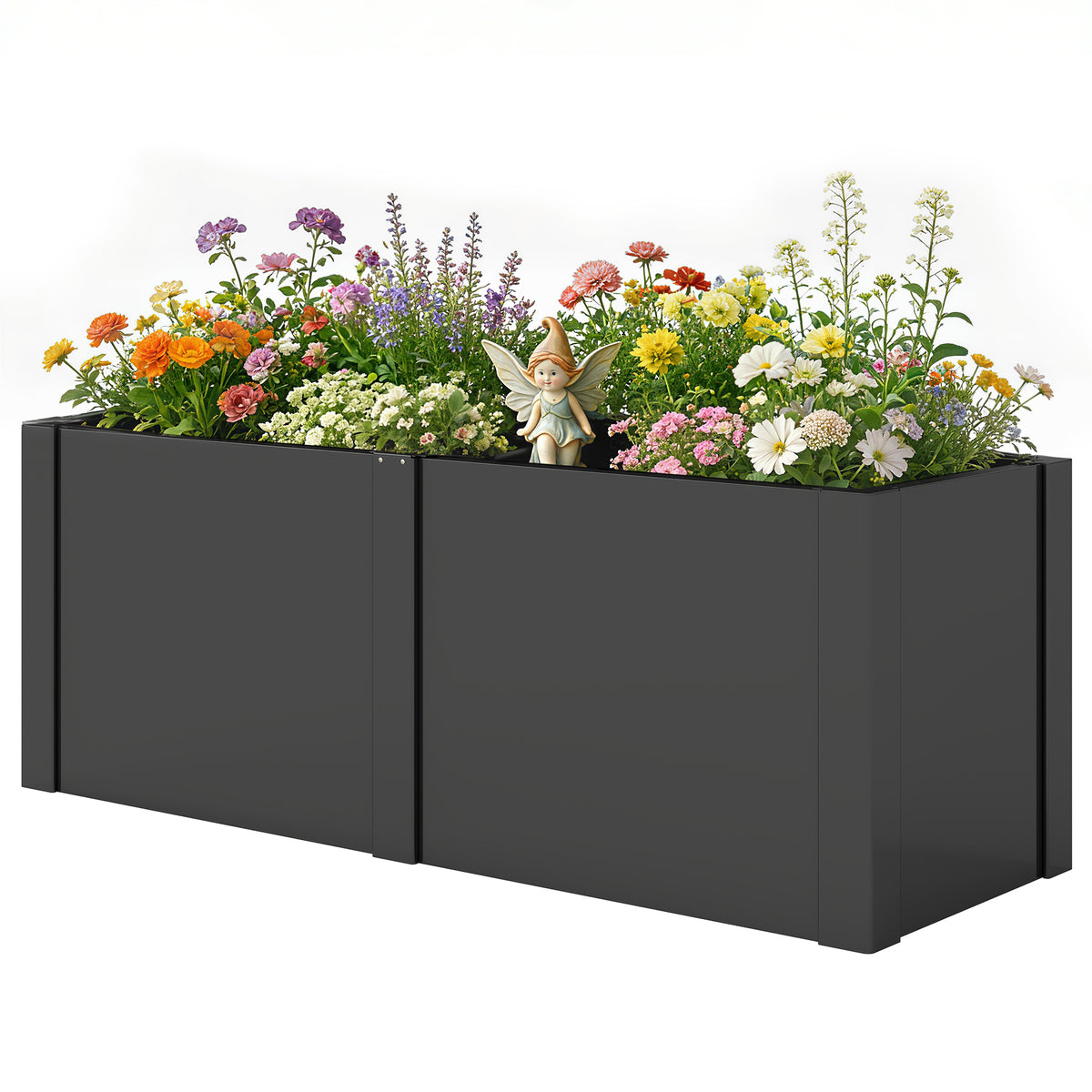 Hochbeet aus galvanisiertem Stahl, 150 x 53 x 55 cm, Outdoor-Pflanzkasten mit Trennwand, Schwarz
