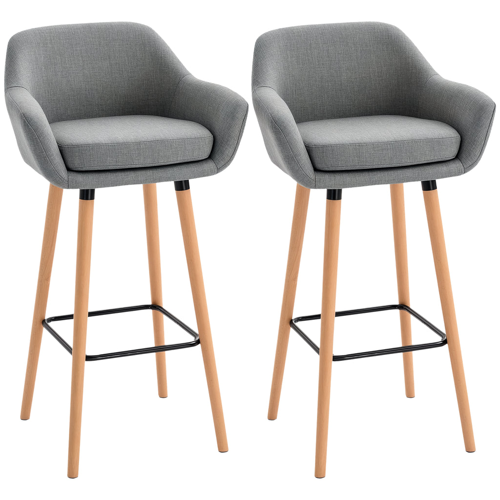 Set of 2 Bar Stools Modern Upholstered Seat Bar Chairs w/ Metal Frame, Solid Wood Legs Living Room Dining Room Fabric Furniture - Grey