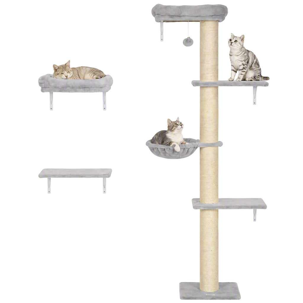 Kletterwand Katzen, 3-teilig Katzenkletterwand Set, Katzen Wandelemente mit Kratzbaum, Plattformen Hängematte