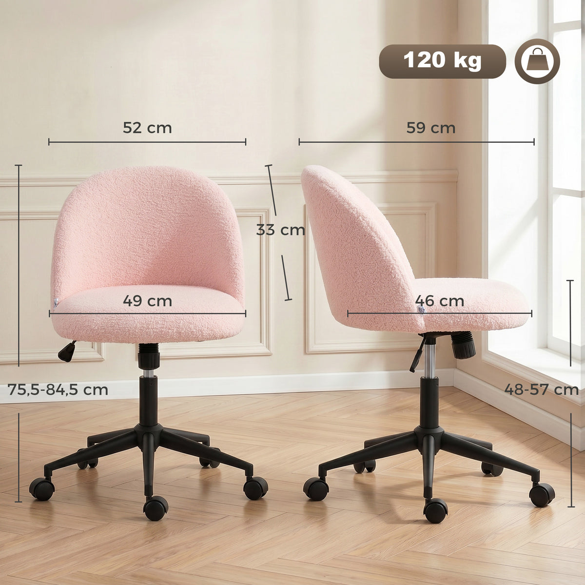 Schreibtischstuhl, Höhenverstellbarer Drehstuhl, Bis 120 Kg, Rosa