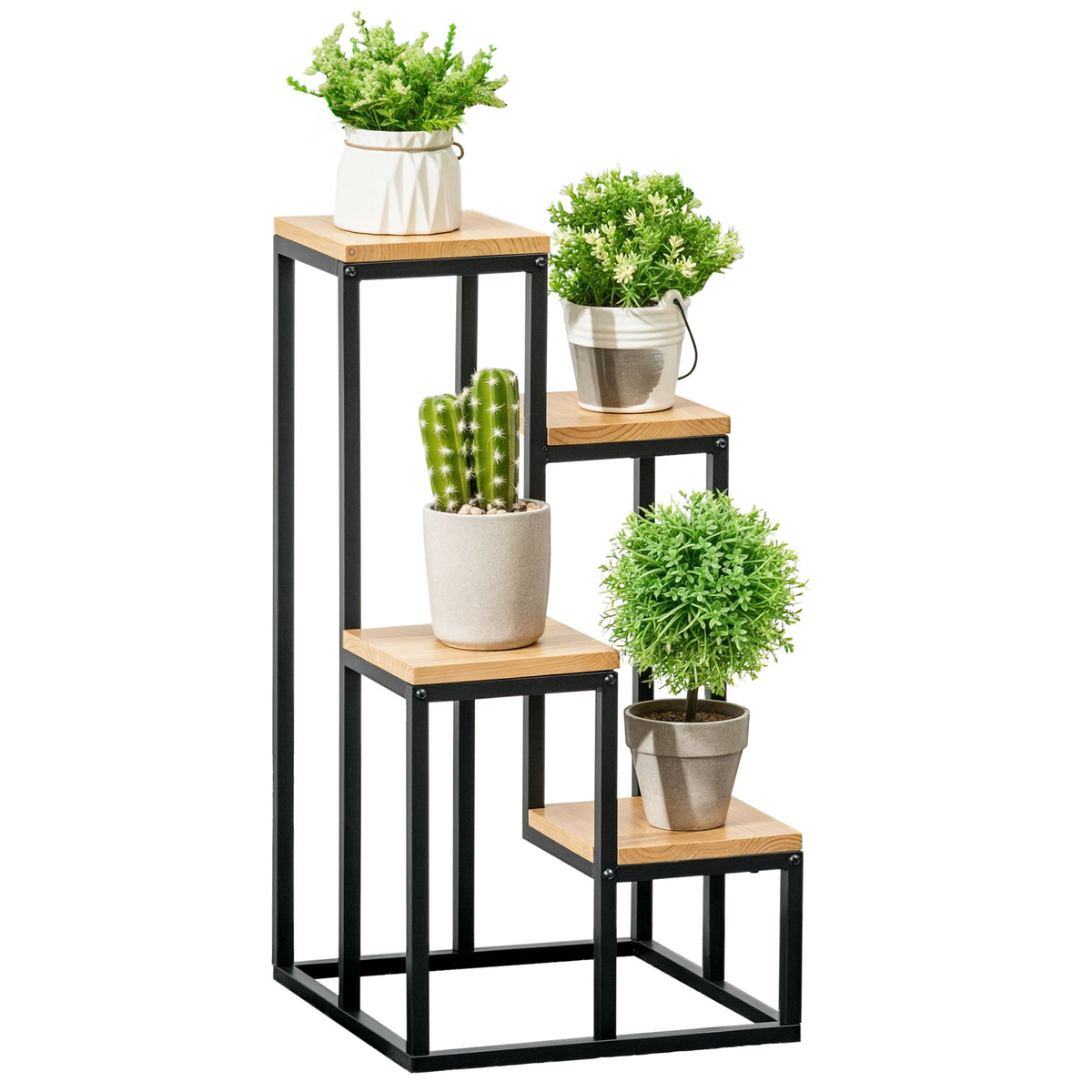 Pflanzenst?nder im Industrie Design mit 4 Regalen, Blumentreppe, 34 cm x 34 cm x 66 cm, Natur + Schwarz